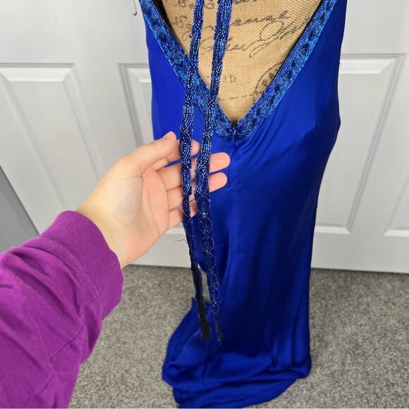 Sz 14(46 EUR) Giorgio Armani Cobalt Blue Beaded 100% Silk Halter Gown NWT $7,950 - Picture 11 of 17